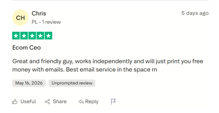 Trustpilot 5-star review from Chris: great and friendly guy, works independently, best email service in the space.